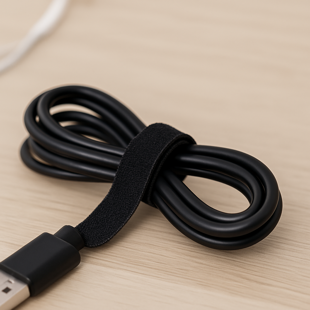 Buckle-style hook and loop straps neatly bundling computer cables